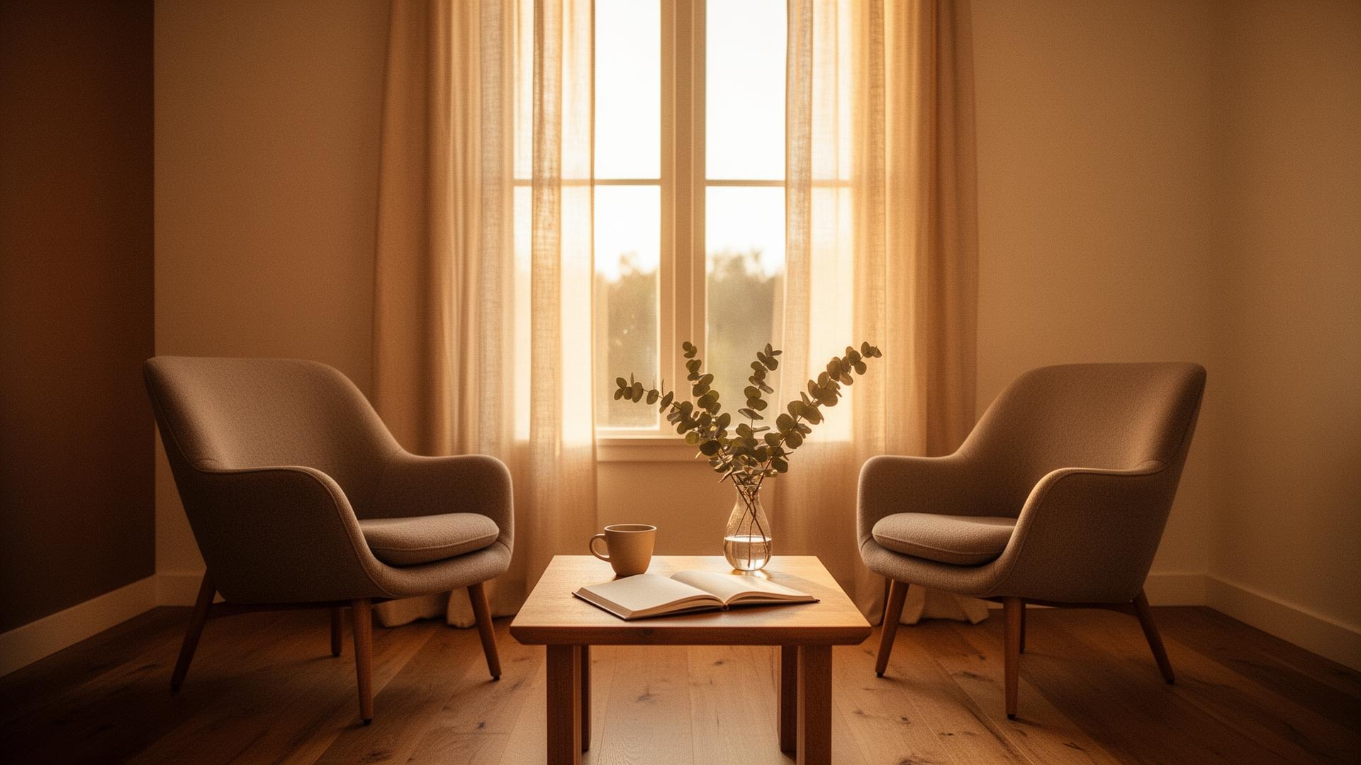 Espace de coaching individuel — deux fauteuils face à face dans une lumière dorée